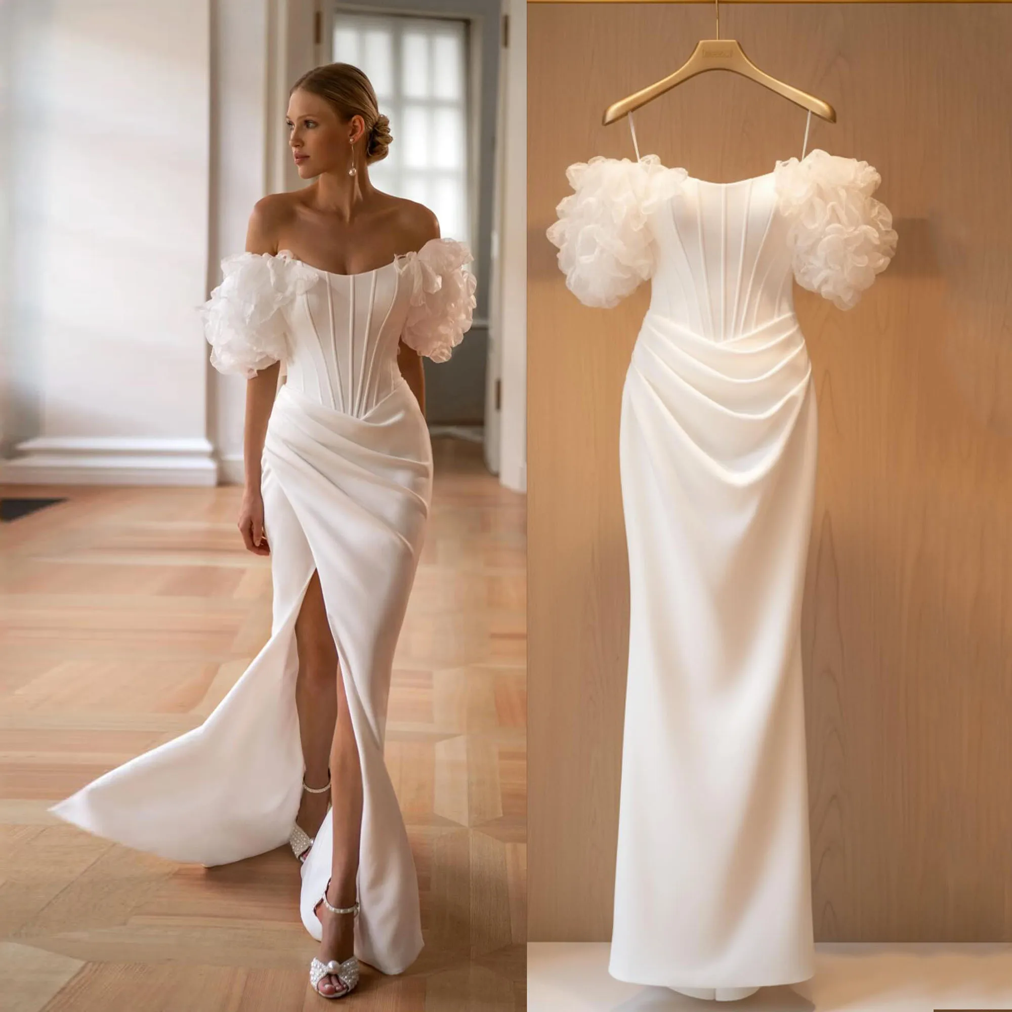 MCDV Flowers Strapless Mermaid Wedding Dresses 2025 Bride Off Shoulder Satin Bridal Party Gowns Customized vestidos de novia