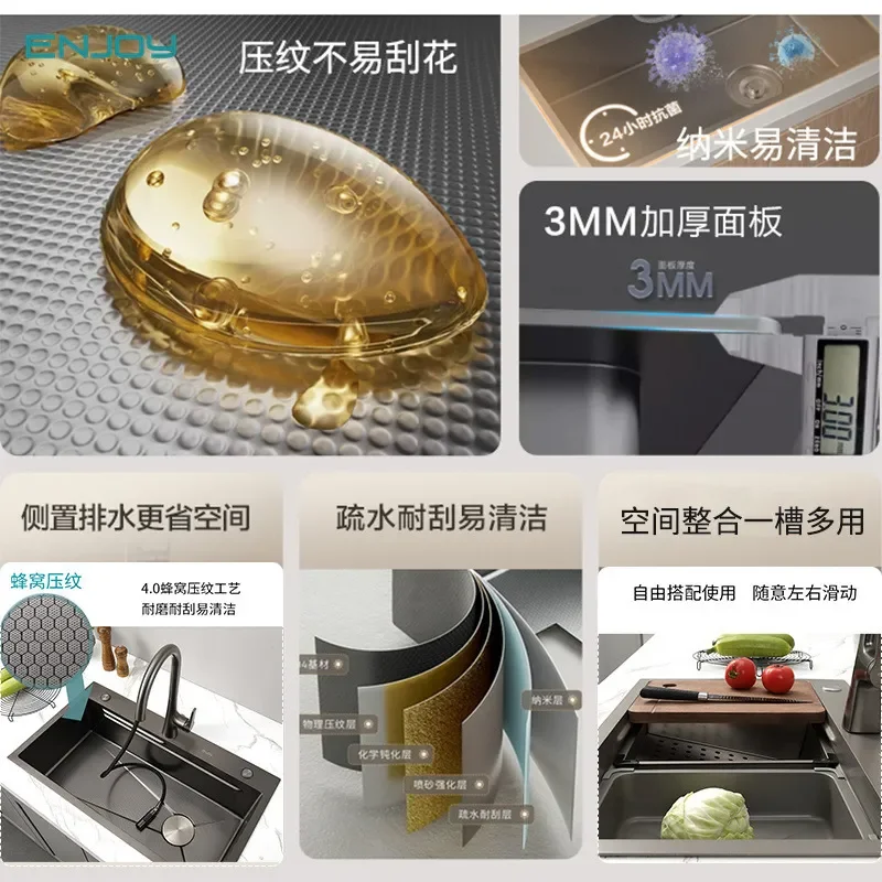 for Black Titanium Honeycomb Embossed Nano Gun Ash SUS304 Stainless Steel Large Single Bowl Kitchen Sink Vegetable Dish