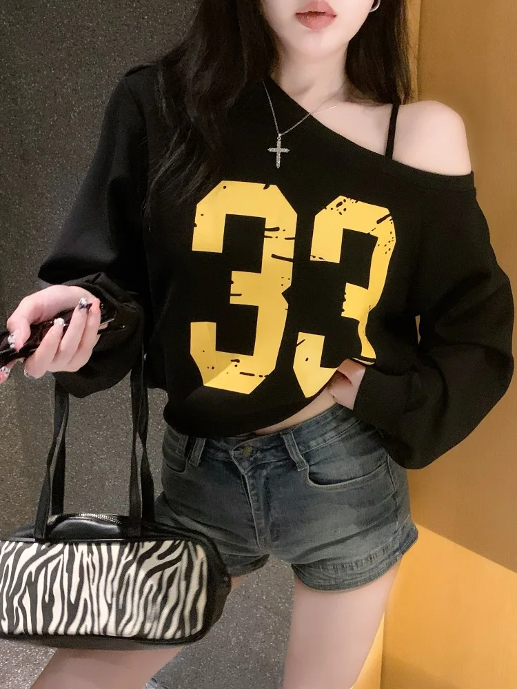 

American Sports Style Short Shoulder Strap Hoodie Women's Loose Casual Long Sleeve Top Trendy Lazy Style Fashionable