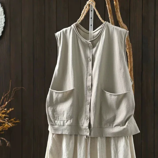 Women Summer Vintage Mori Girl Solid Color Cotton Vest Outwear O-Neck Sleeveless Pocket Front Single Breasted Vest Shirt Tops