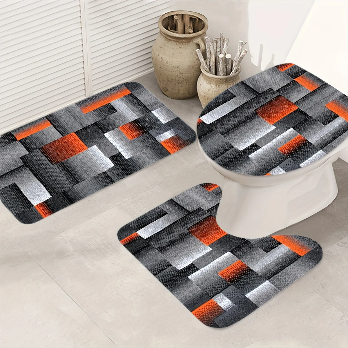 

Оранжевый геометрический набор для ванной из трех предметов: коврик, чехол на крышку унитаза и U-образный коврик, мягкий фланелевый, с нескользящей поверхностью, для декора ванной комнаты