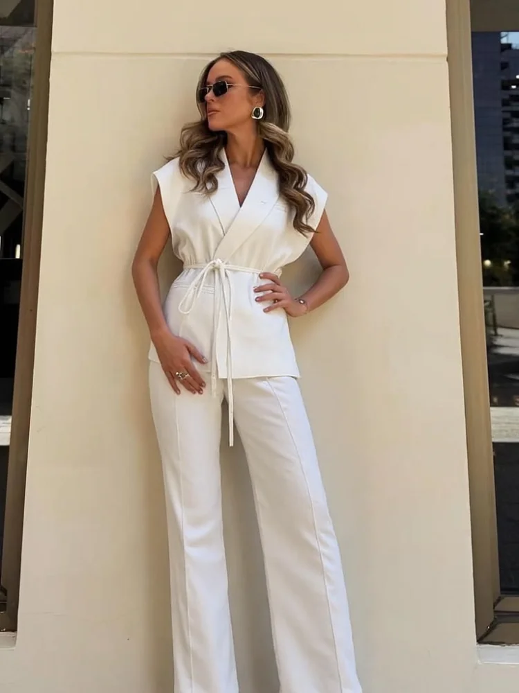 

Elegant Vest Two Piece Women Pant Set Casual V Neck Lace Up Tank Top Suits Wide Leg Pant 2025 Summer In Matching Women Outfits