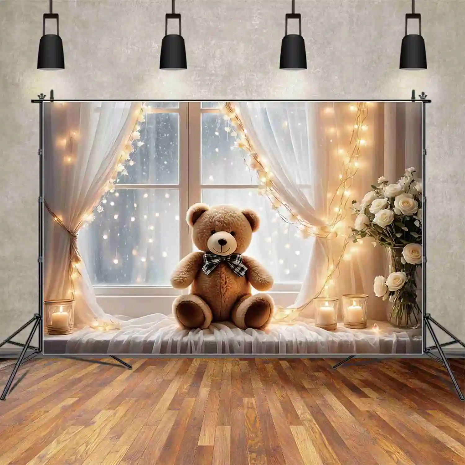 MOON.QG Deco Birthday Party 1 Year Backdrop Teddy Bear Flower Balloon Photo Background Children's Window Curtain Shooting Props