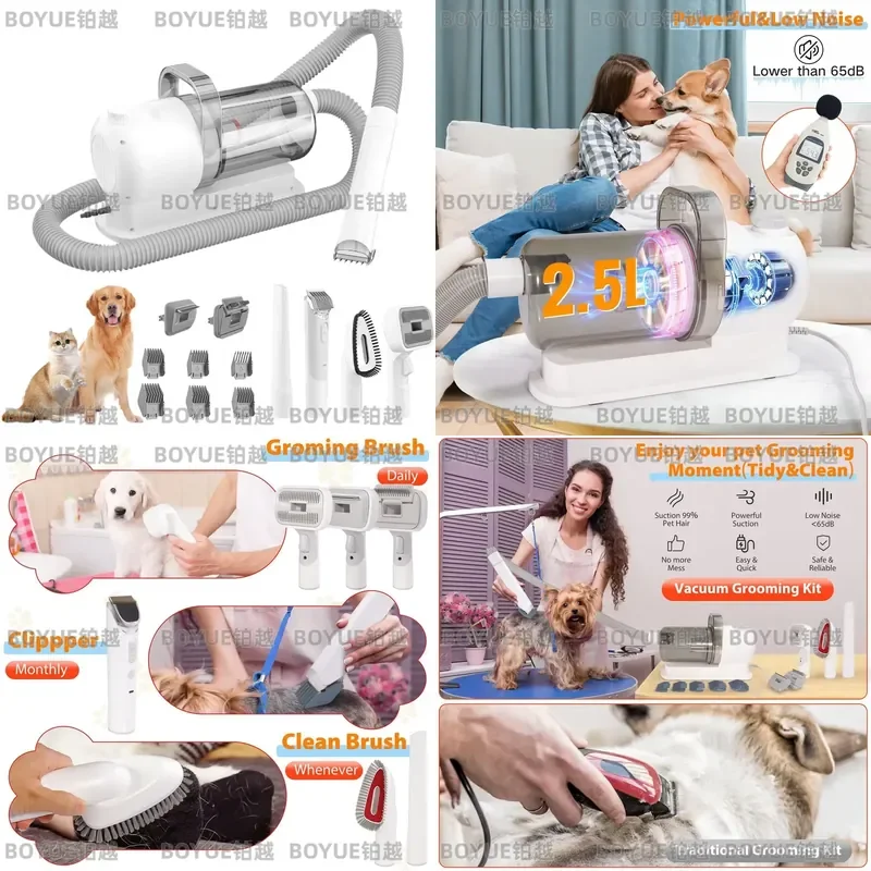 Pet Shavers Grooming Kit & Vacuum Suction 99% Pet Hair Professional Clippers with 6 Sizes Guide Combs Long or Short Hair Cat