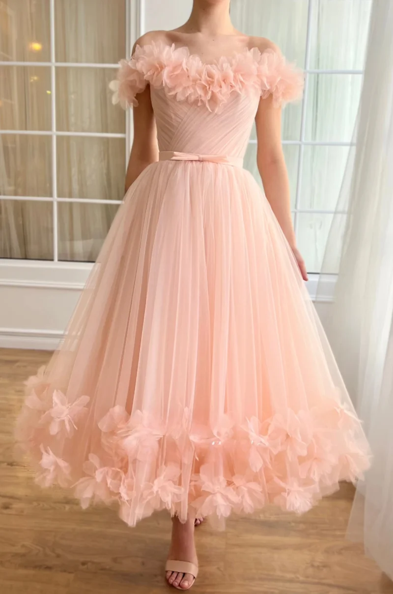 Elegant Party Womens Dresses Flowers Medium Length Line A Fairy Skirt Pink Graduation Gown Gala Dress Women