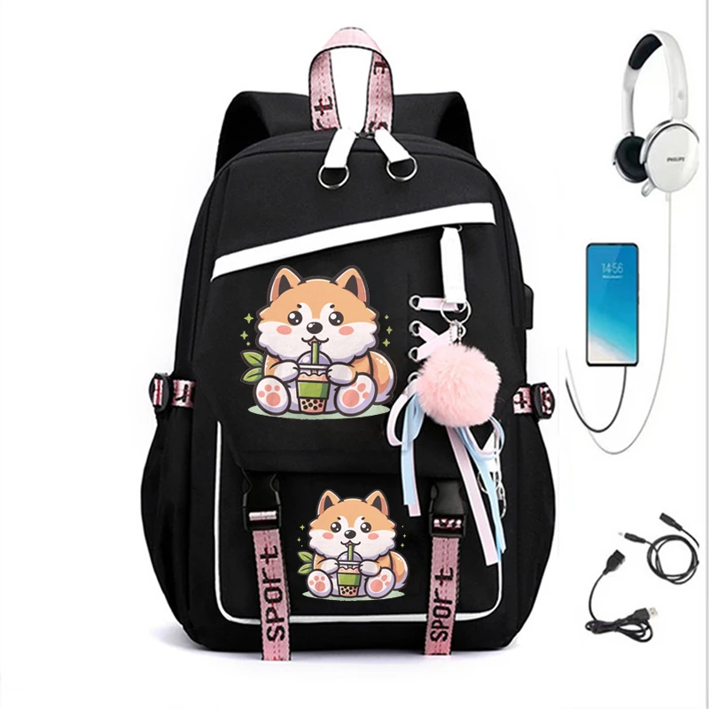 

Large Capacity Students Backpack Casual Waterproof Nylon Shoulder Bag Shiba Inu Drinking Boba Tea Fashion Travel College Bagpack