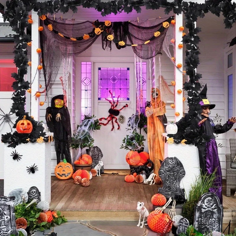 Schwarze Ahornblatt-Kränze, verbesserte künstliche Herbstblätter, Halloween-Dekoration für Zuhause, Kamin, Treppe, Fenster, Haustür, Ornamente – Detail 6