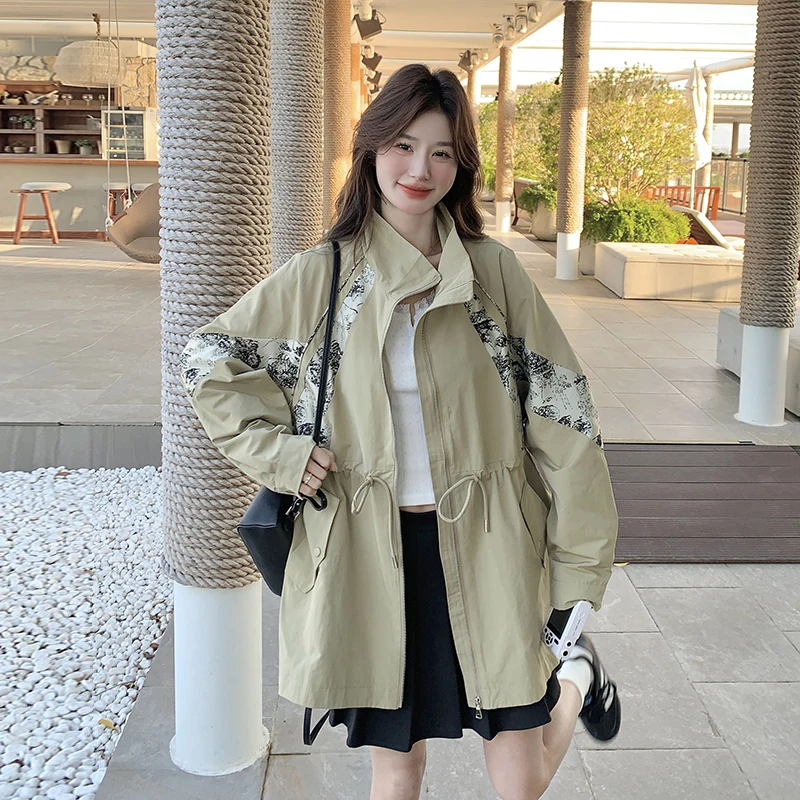 

SuperAen Khaki Patchwork Print Long-sleeved Trench for Women Mid-length Spring 2026 Korean-style Casual Belt Waist Safari Coats