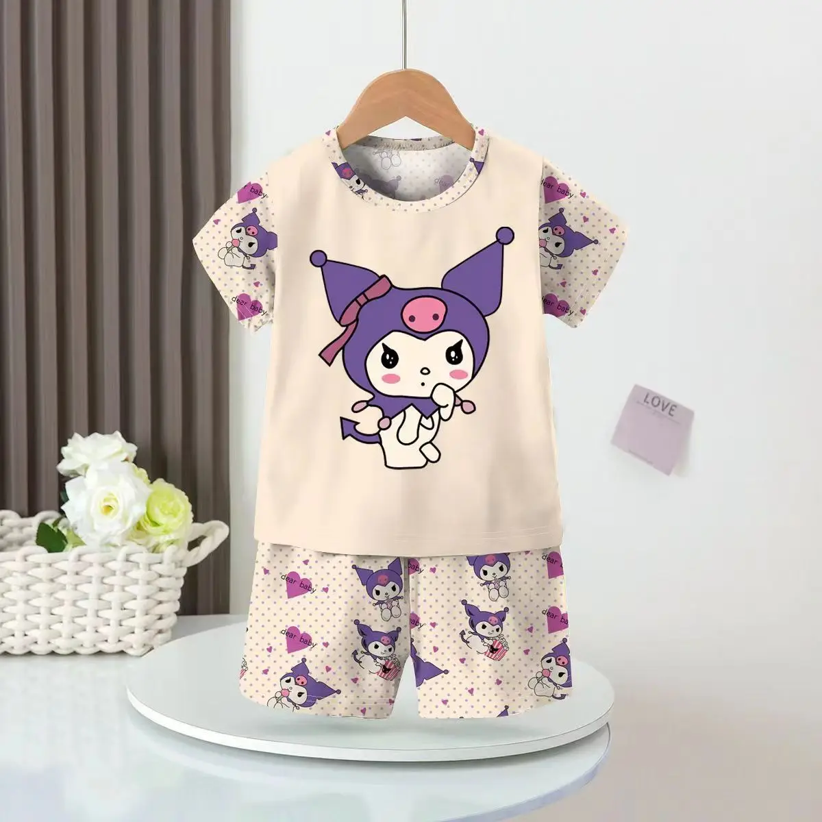 Spring and Autumn Girls' Short-sleeved Shorts Thin Air-conditioned Clothing Pajama Pajamas Sleepwear Robe Children's Mother Kids