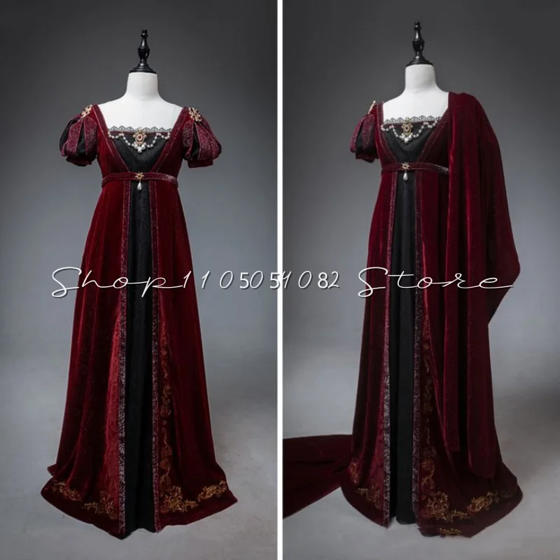 Customized Burgundy Prom Dresses Burgundy Renaissance Victorian Masquerade Costume Velvet Stage Performance Lace Evening Gowns