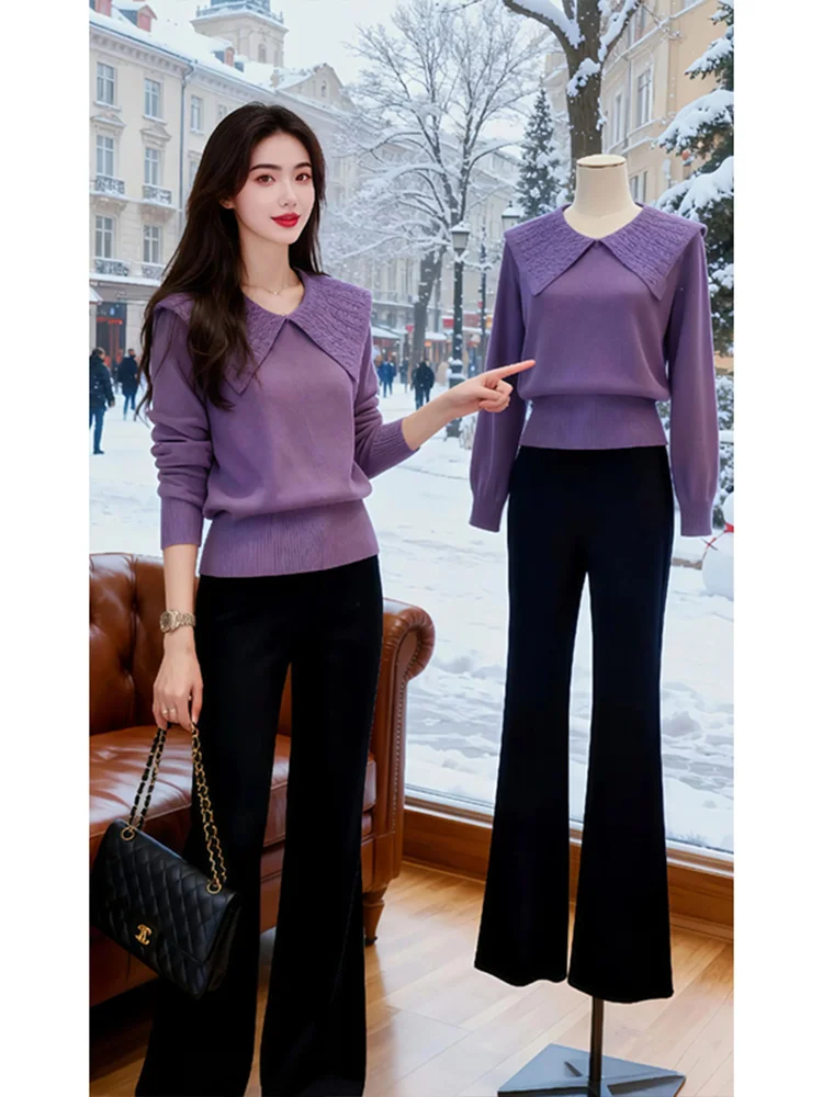 

Faionable Two-Piece Set Women's Autumn Winter Turn-down Collar Knitted Sweater Flared Pants High Waist Straight Cut Thermal...