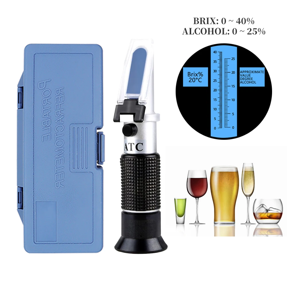 Handheld Alcohol Refractometer SG 1.000-1.130 Beer Alcoholometer Hydrometer Brix 0-40% Wort Sugar Alcohol 0-25% Dual Scale Meter