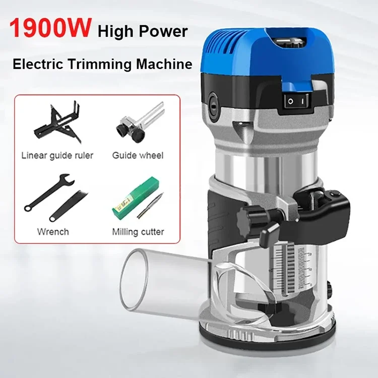 Wood Router 1900W Adjustable Speed 6 Gear Electric Trimmer Slotting Machine Manual Carving Tool with 1/4 Shank Milling Cutter