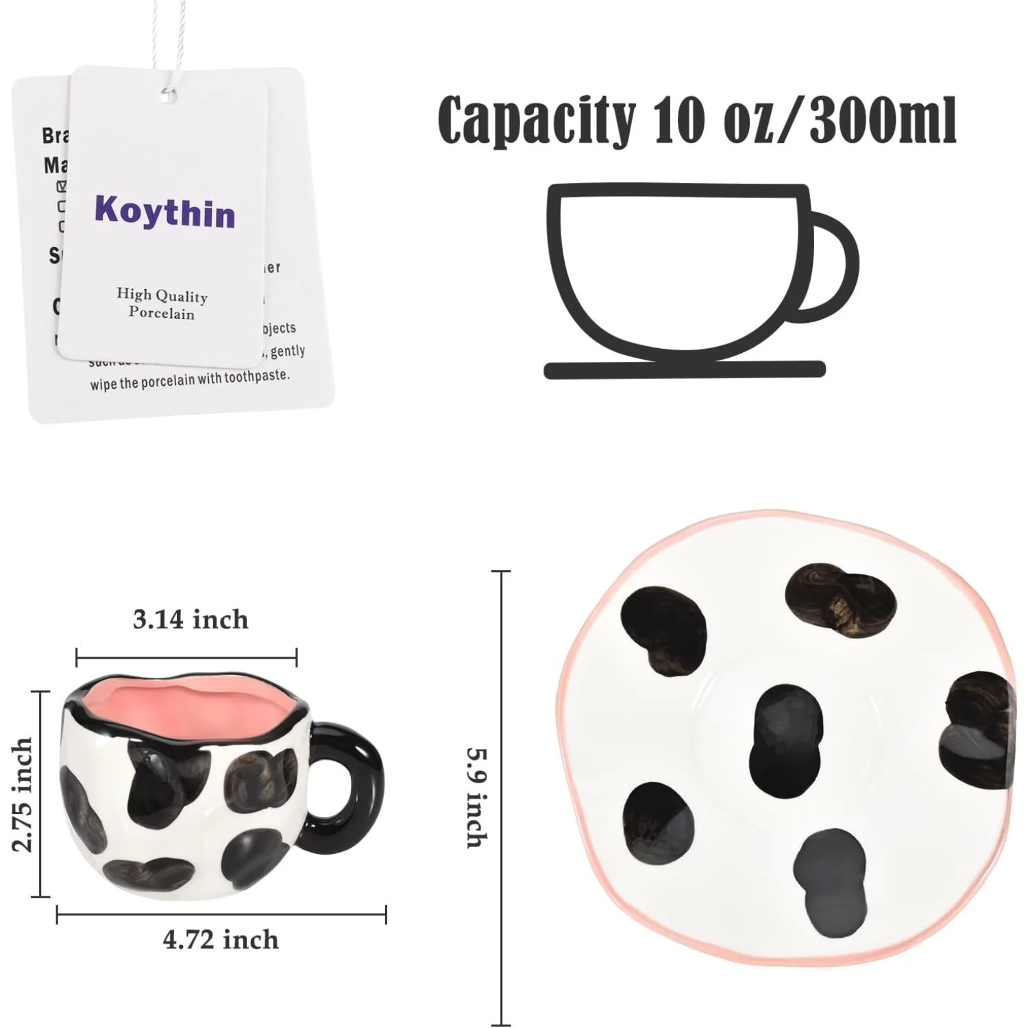 Conjunto de cerâmica com pires, copo bonito com design irregular para escritório e, máquina de lavar louça e micro-ondas, 10 onças/300ml para leite de chá com leite