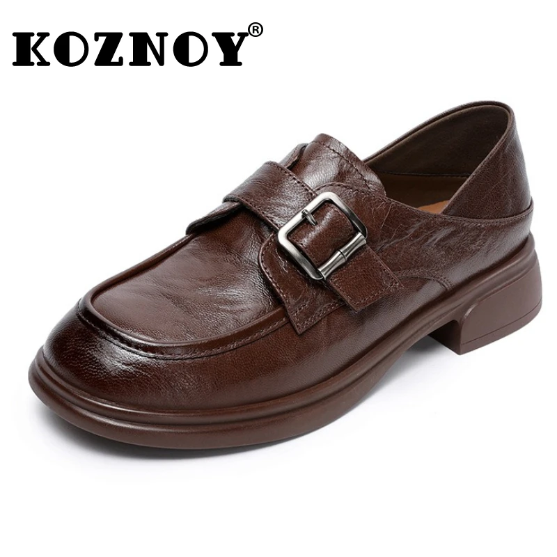 

Koznoy 3cm Ethnic Cow Genuine Leather Mary Jane Shoes Chunky Heels British Women Ladies Summer Round Toe Platform Wedge Flats