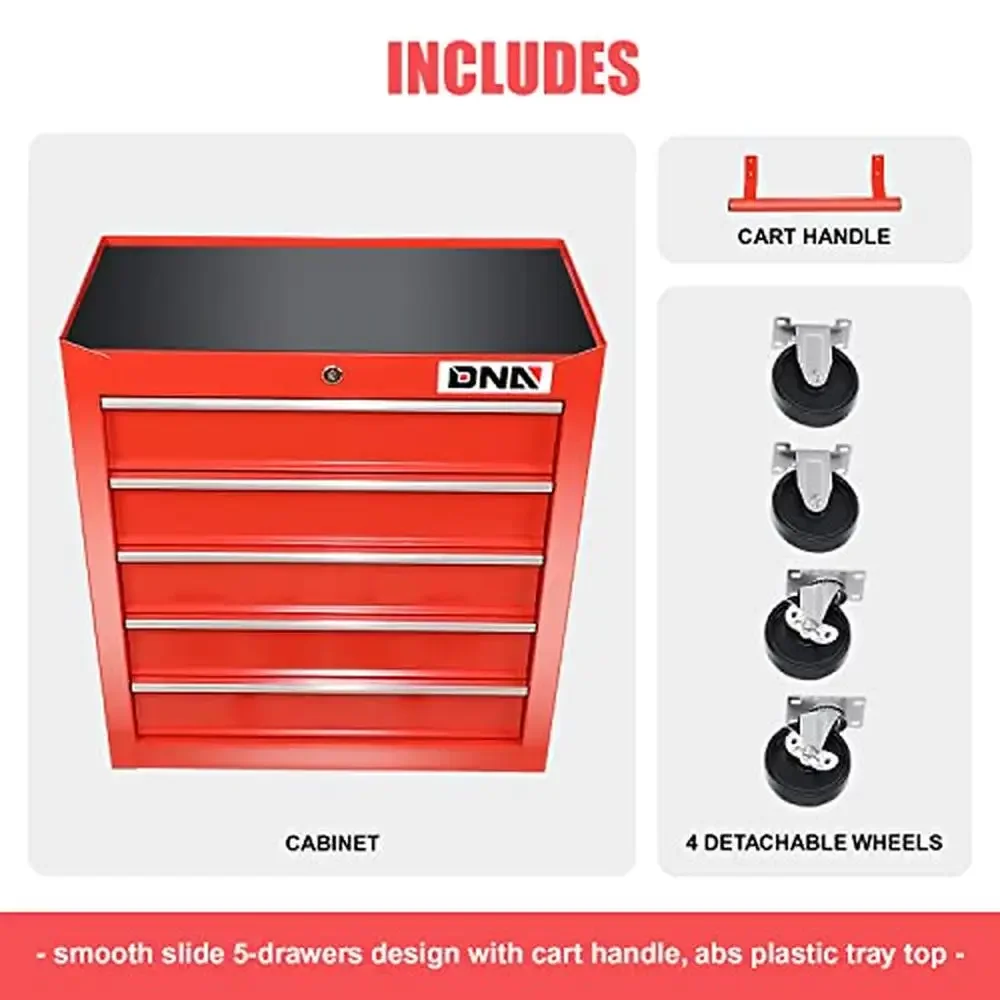 5-Drawer Tool Cabinet with Heavy-Duty Steel Construction Lockable Drawers Smooth Slide Design Portable 24.5"x13"x30.5" H