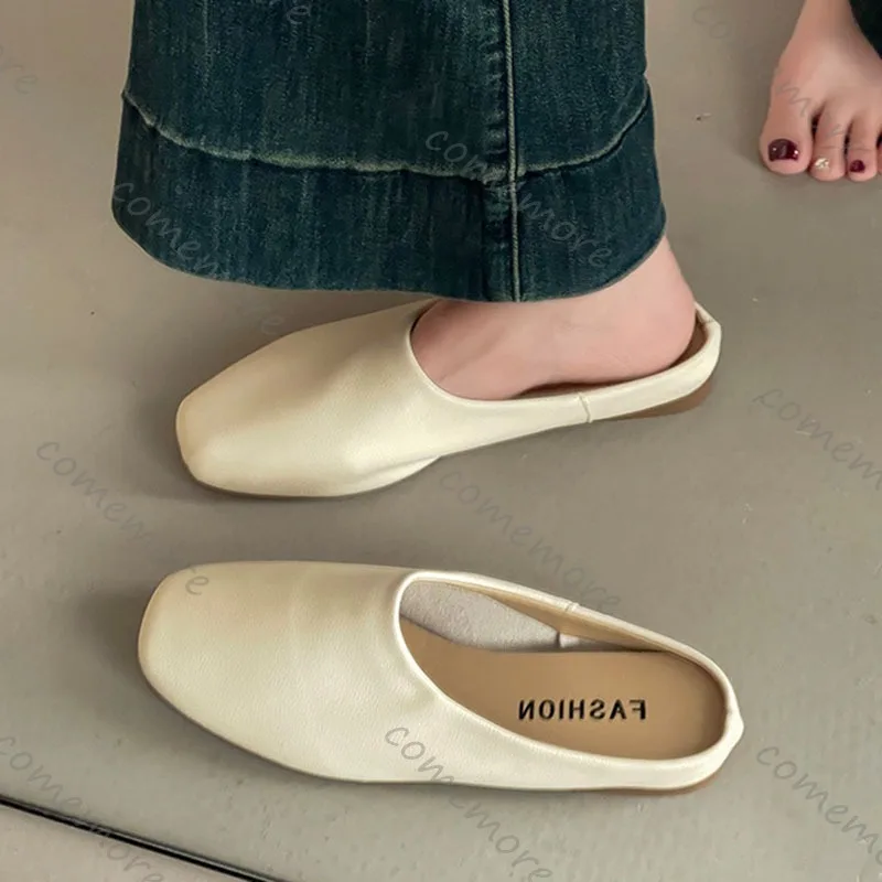 Comemore Retro Square Head Baotou Half Slippers Female Spring Summer Outside Wear Soft Leather Casual Solid Flat Mules Slides