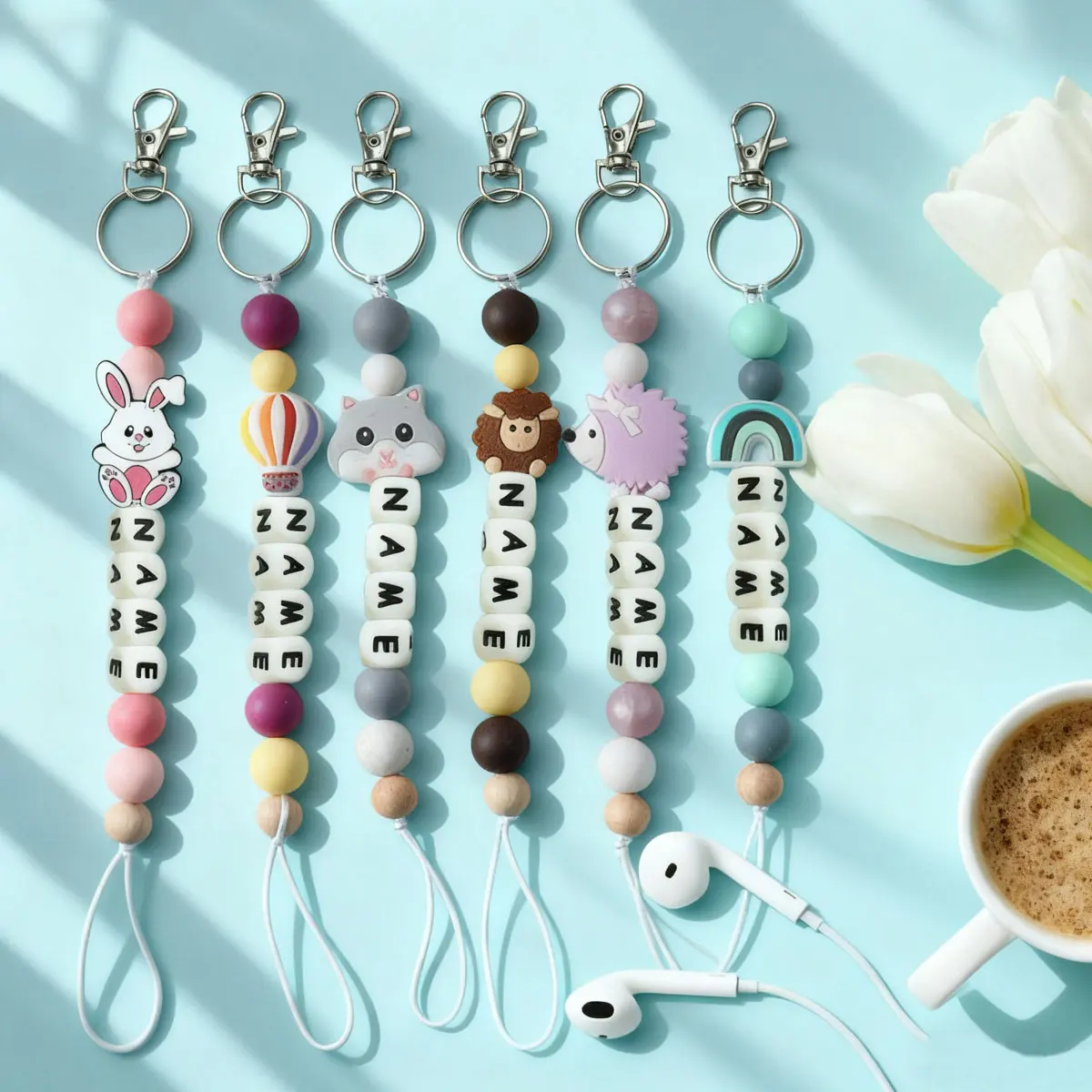 1 Stück personalisierter Tierperlen-Namensschlüsselanhänger, 17 süße Tierformen, Panda/Löwe/Katze/Fuchs/Kuh usw., Taschenanhänger, Weihnachtsgeschenk