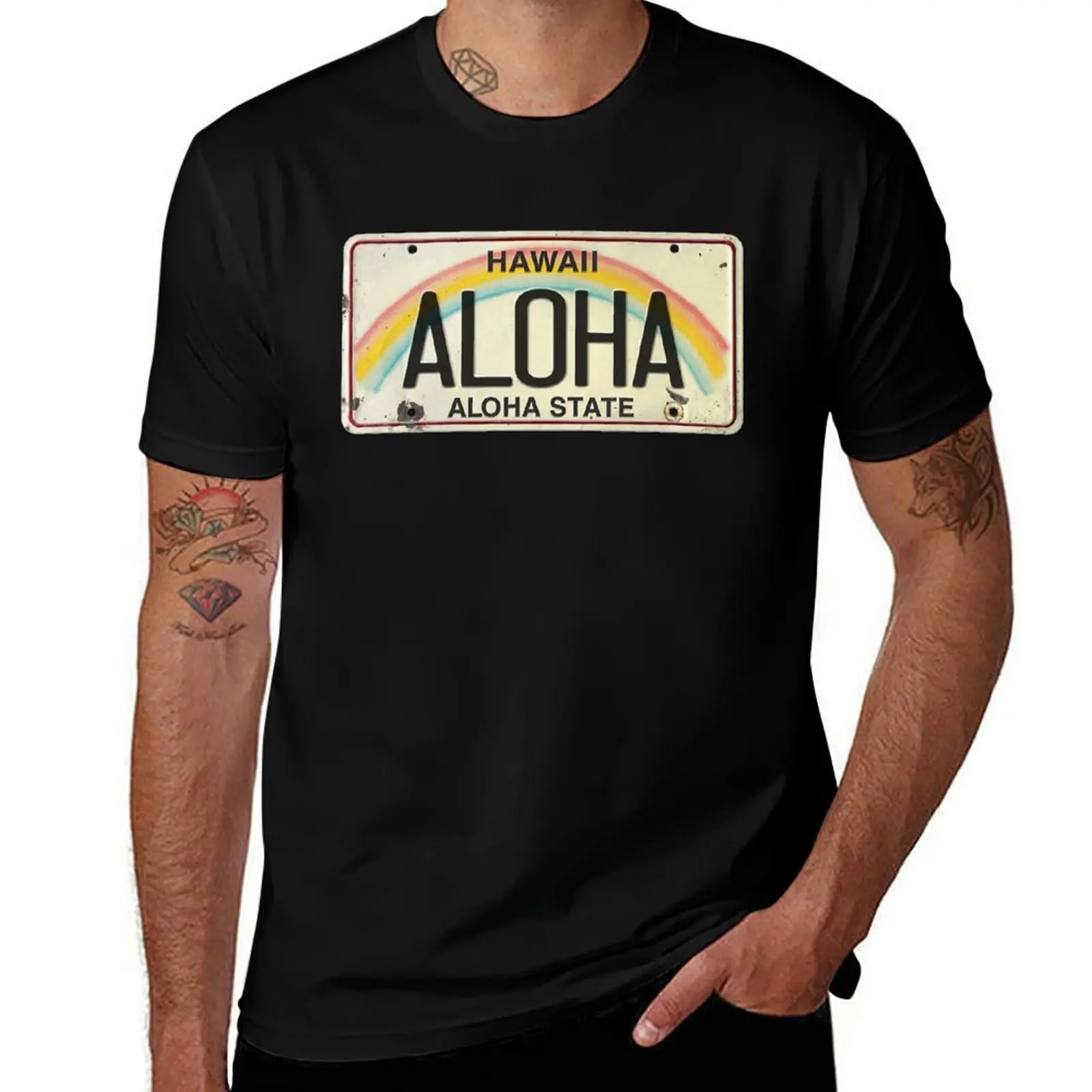 Vintage Hawaii License Plate Aloha T-Shirt Plus Size Summer Short Sleeve T-Shirt