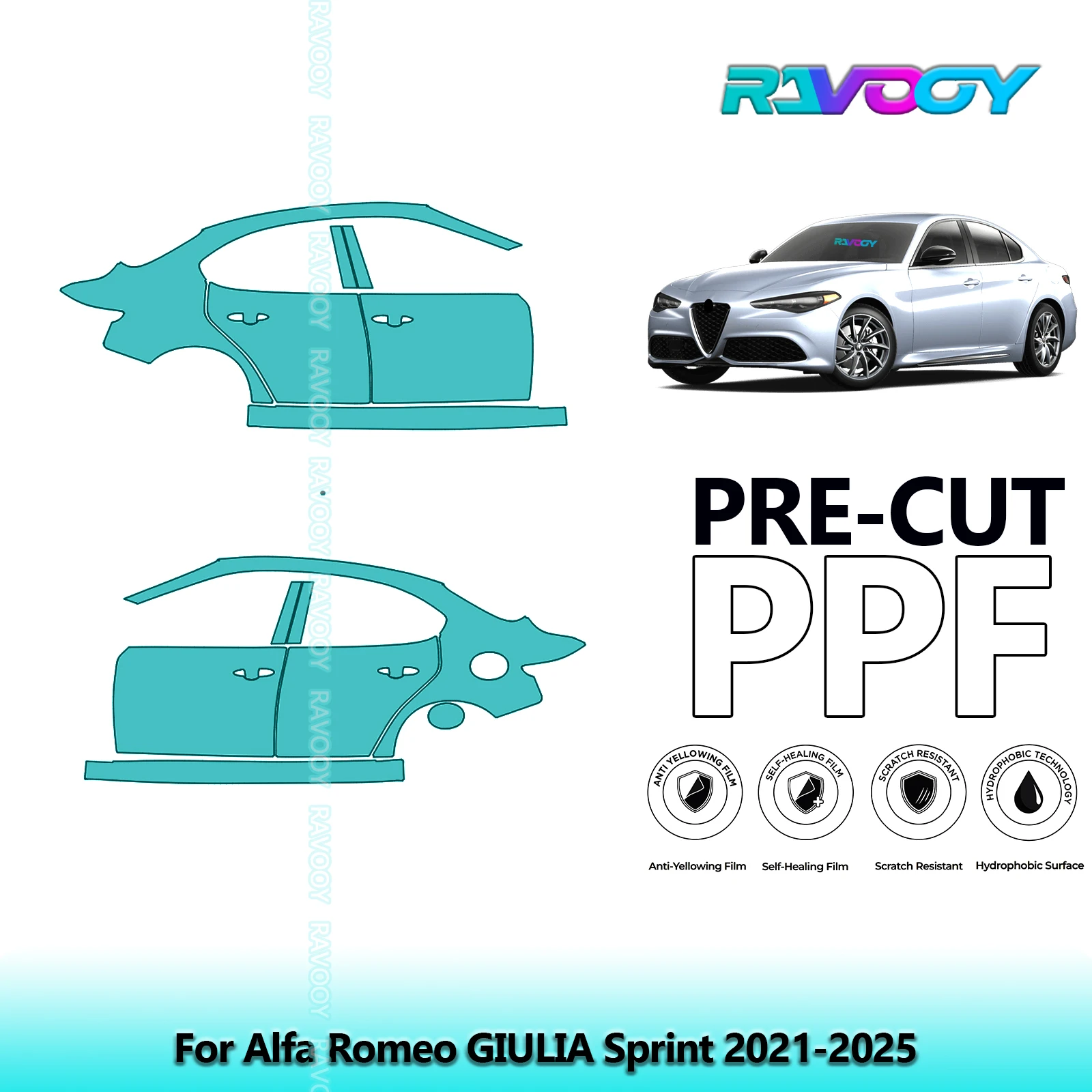 

For Alfa Romeo GIULIA Sprint 2021-2025 8.5mil Clear Matte Pre-Cut PPF Door & A/B Pillar Kit TPU Paint Protection Film Set
