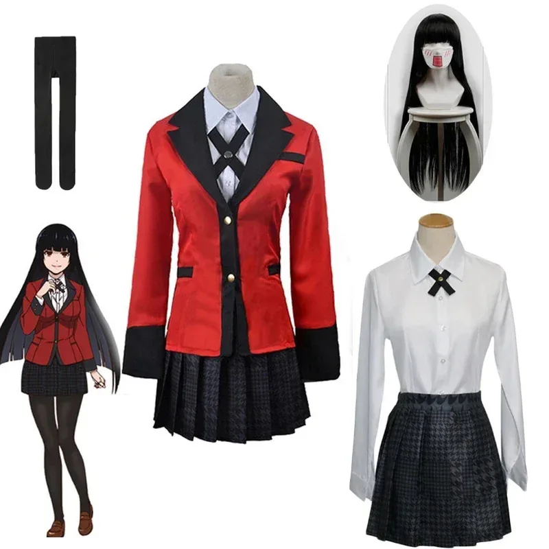 Аниме Kakegurui Косплей Jabami Yumeko костюмы полный комплект японская школьная форма для девочек куртка рубашка юбка чулки галстук парик C88132AD