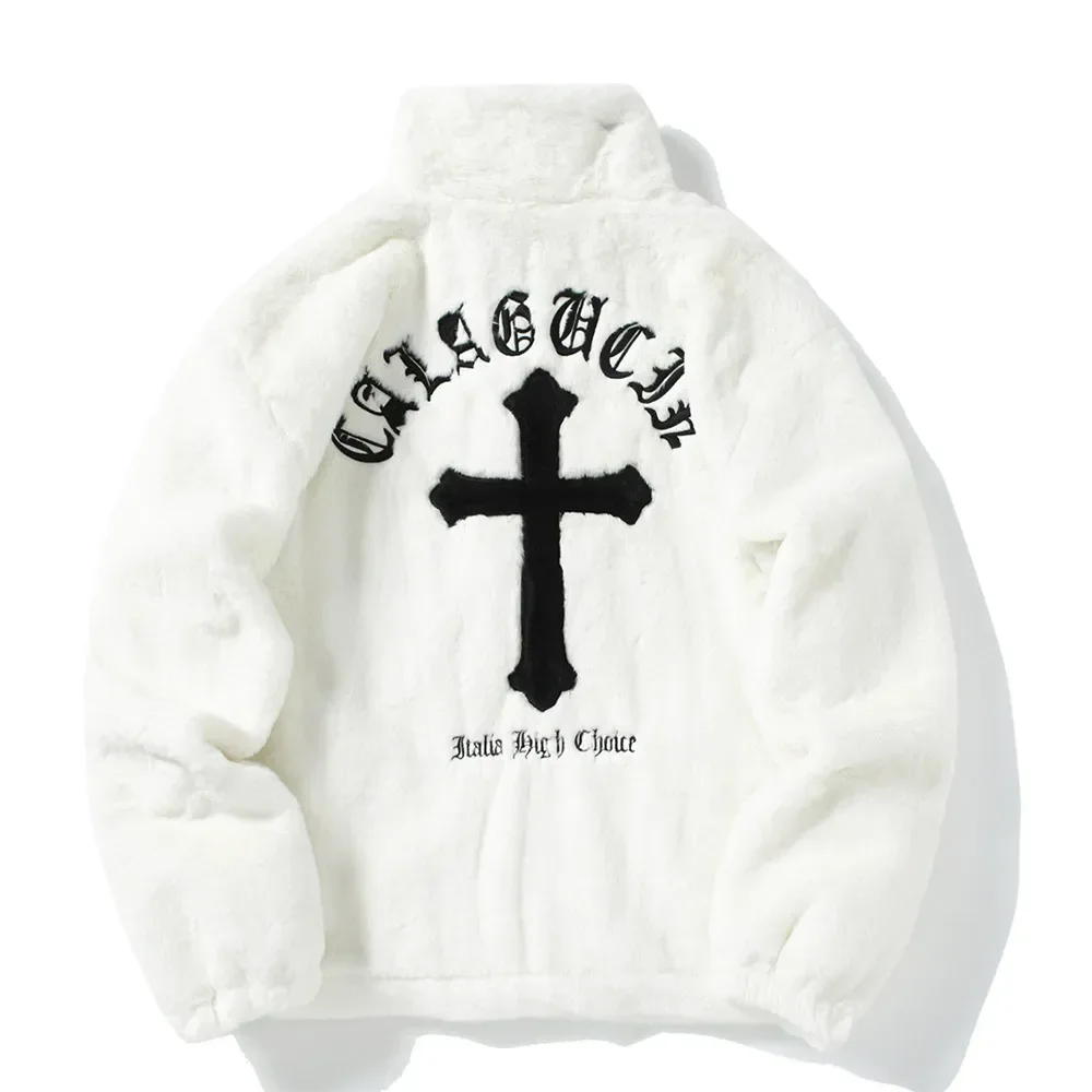 2024 New Hip Hop Cross Letters Winter Men\'s Rabbit Fur Coat Fleece Coat Street Casual Harajuku Zipper Coat