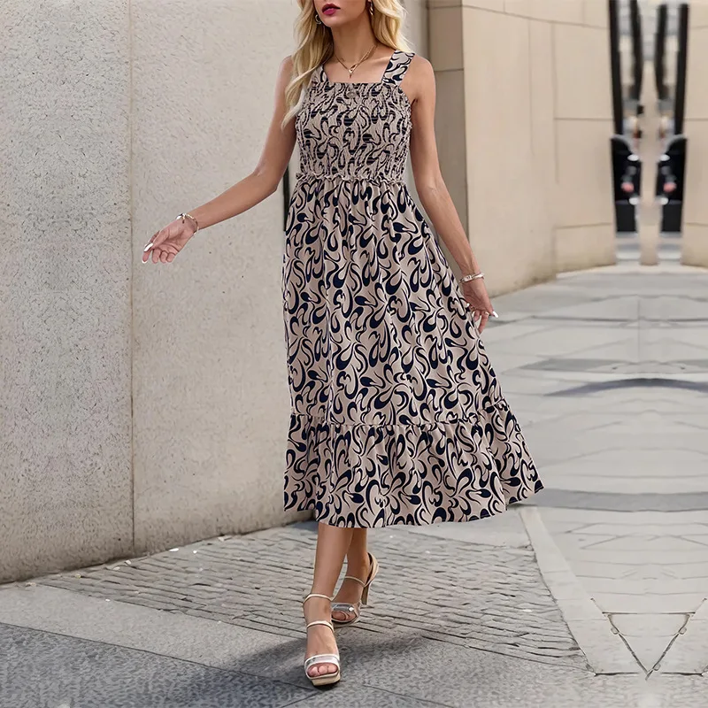 Women Fashion New Spring Print Dress Vacation Style Straight Neck Wide Straps Elastic Smocked Ruffle Hem Female Mid Dresses