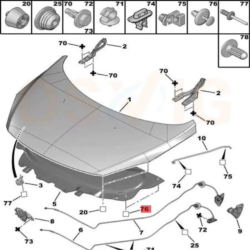 20 قطعة OE #   6997TZ 699783 مصدات السيارات، أغطية المحرك، تنطبق على بيجو 206، 207، 307، 308؛ سيتروين C2، C3، C4، C6؛
