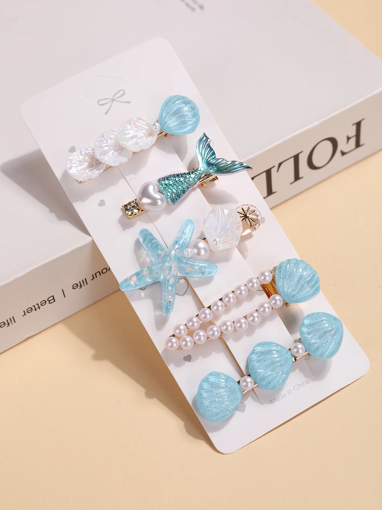5-teiliges Set Blaue Haaraccessoires im Ozean-Stil - Meerjungfrauenschwanz, Muschel, Seestern und Perlen-Haarspangen - Niedliche Teenager-Seitenknoten-Accessoires – Detail 9