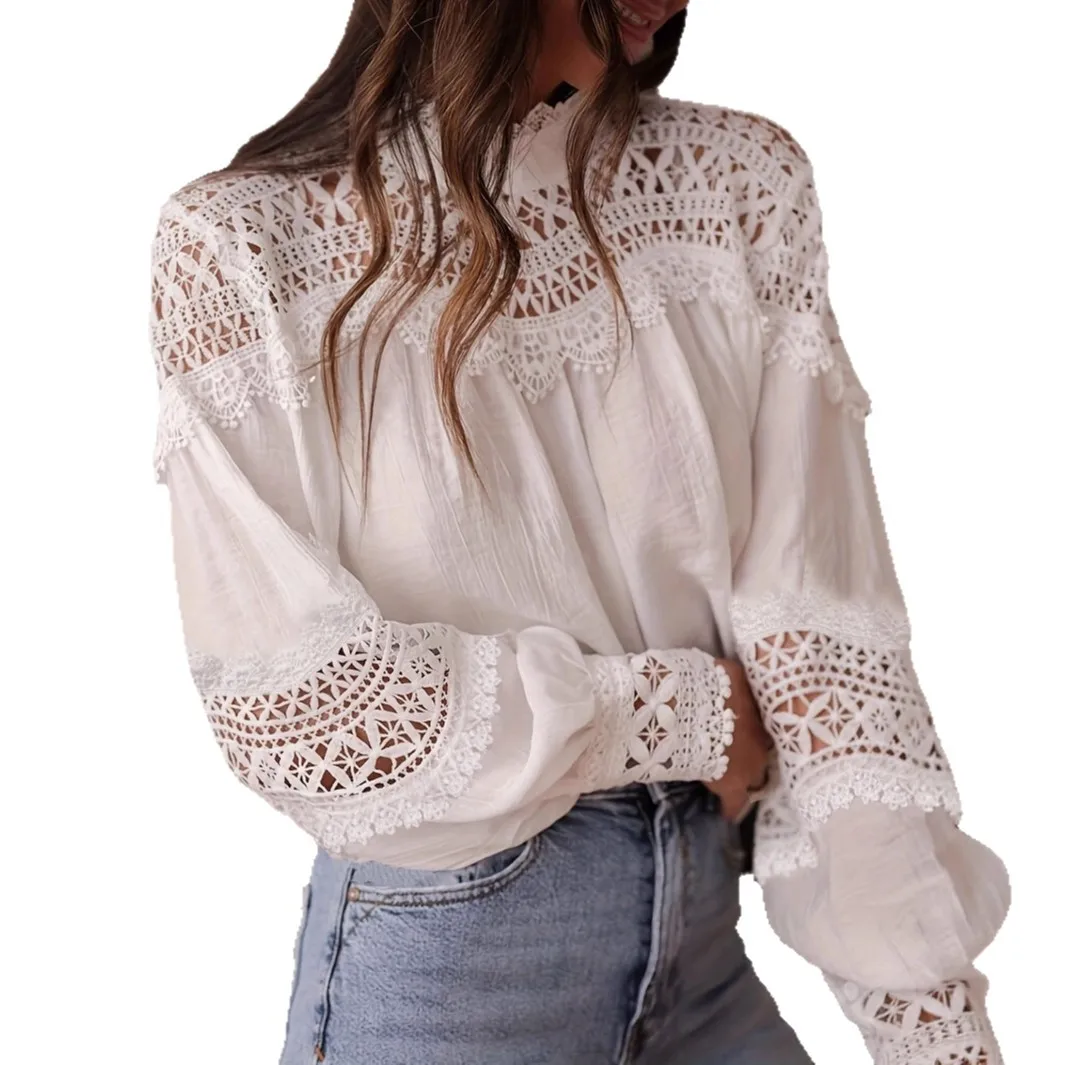 Hot Sale New Crochet Blouse Women's Sexy Hollow Flared Sleeve Lace Shirt Top