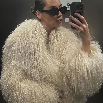 מעיל פרווה פרווה עבה עבור נשים שרוולים אלגנטי רך חם ארוך שרו...