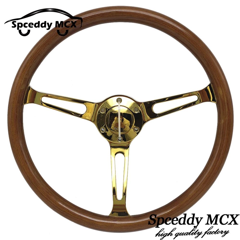 15 Inch Genuine Solid Wood Steering Wheel 380mm Long Hole Silver Chrome Iron Spoke Real Wooden Vintage Car Steering Wheel