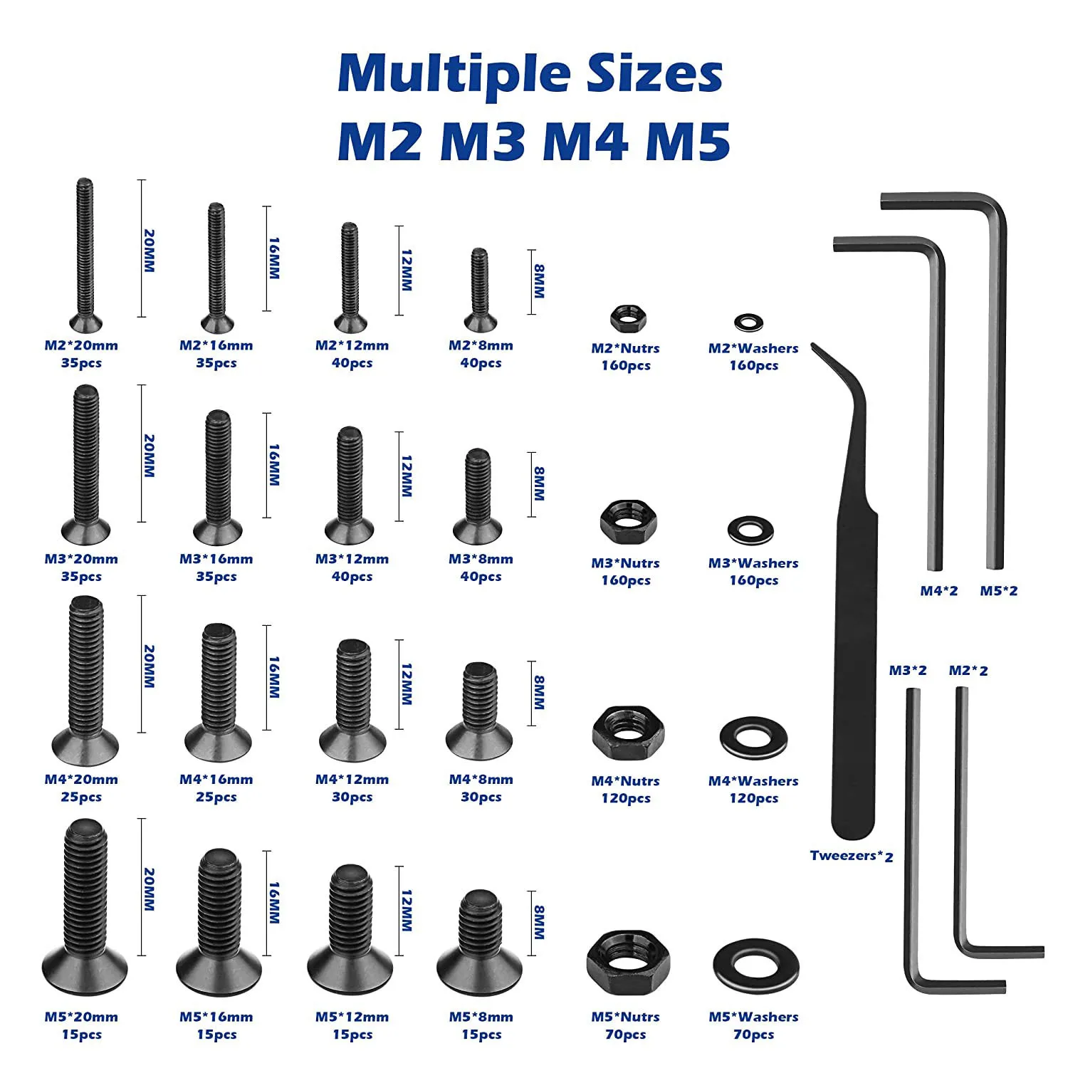 1500pcs Flat Head Socket Head Screws With Flat Washer Nuts Set, Box Packed, High-Strength Grade 10.9 M2m3m4m5