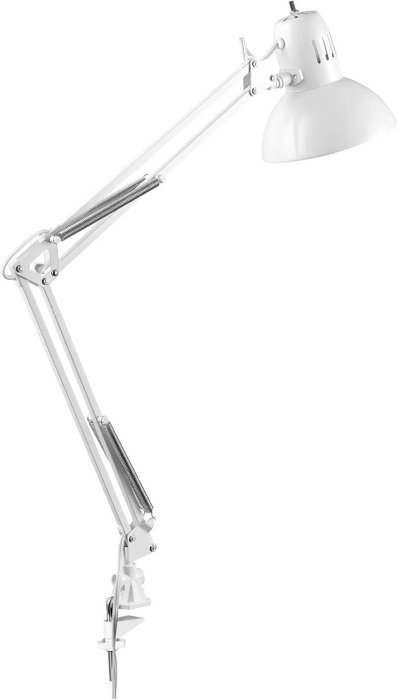 

52847 31.5 Inch Swing Arm Clamp-On White Desk Lamp with Nickel Accents, On/Off Rotary Switch, Book Reading Light,