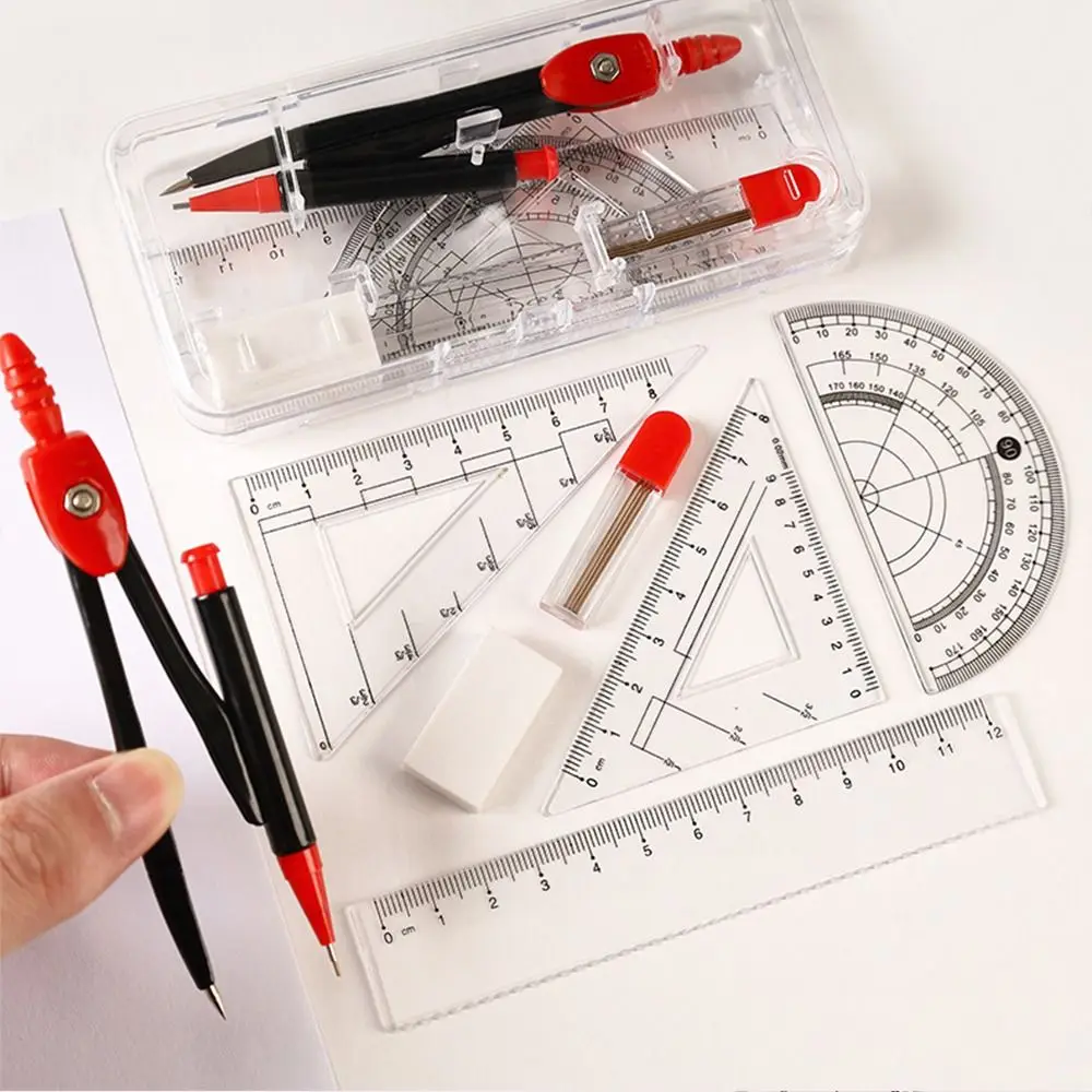 

7 шт./компл., пластиковая линейка, набор компасов, прозрачная прямая линейка, измерительная линейка, набор квадратных ластиков, транспортир для студентов