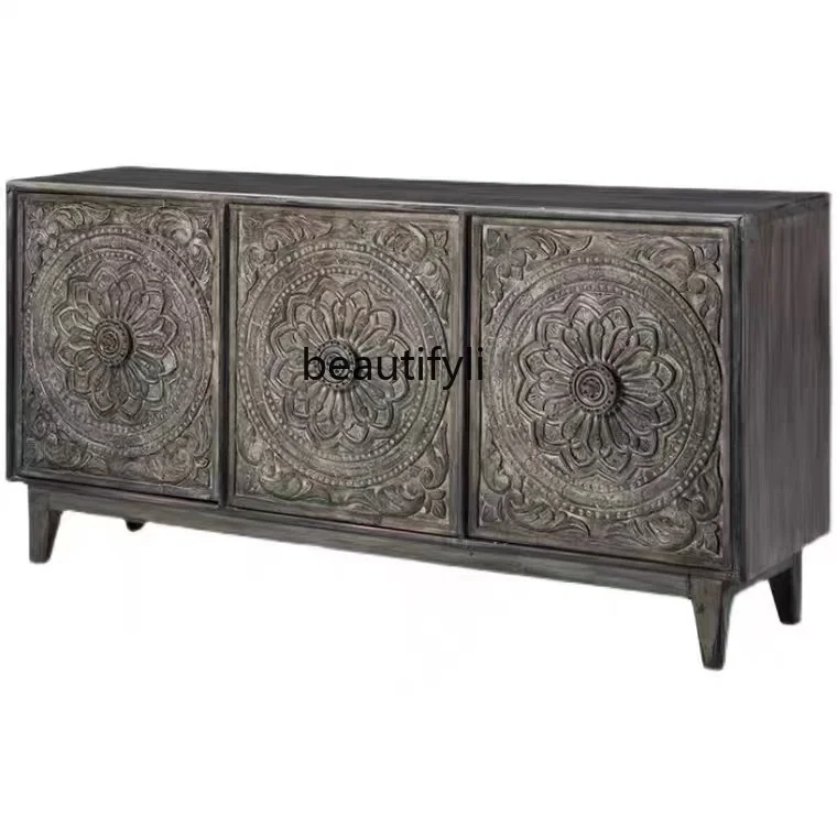 

French Antique Sideboard Cabinet French American Sideboard Cabinet Four-Door Carved Oak Solid Wood Entrance Cabinet Locker