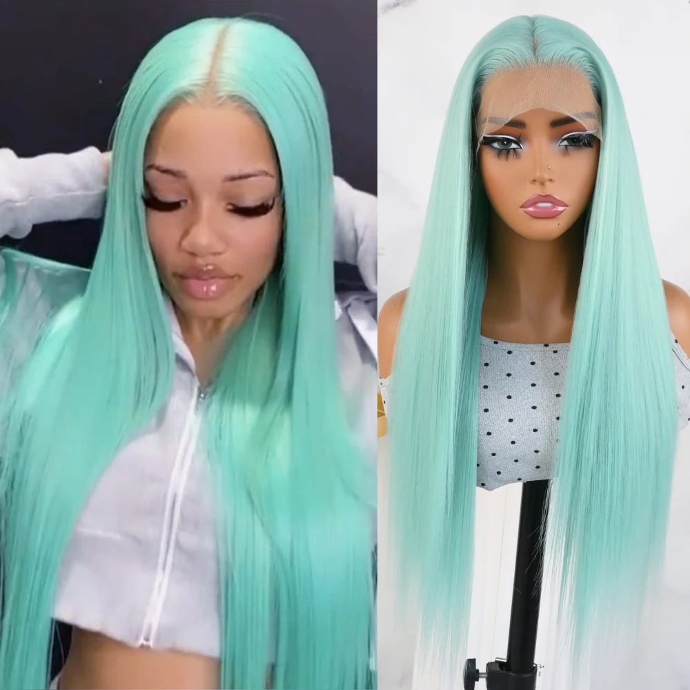 

Мятно-зеленый синтетический парик с кружевной передней частью, длинные шелковистые прямые волосы, предварительно выщипанная естественная линия роста волос, 13x4, свободная часть, без клея, термостойкий