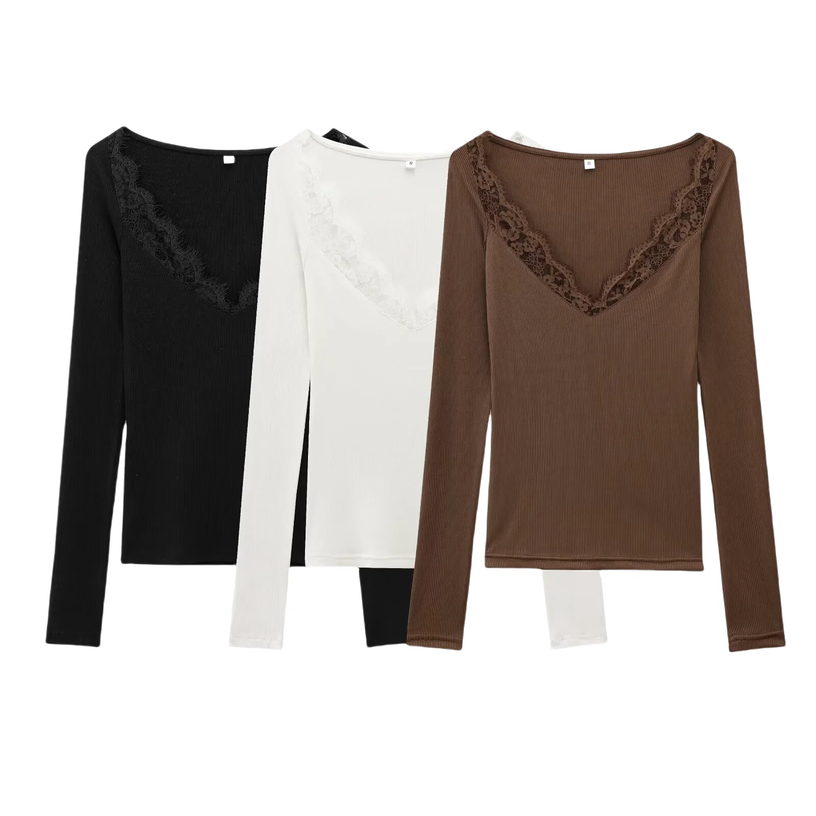 Tops elegantes de manga larga para mujer con cuello en V y detalles de encaje delicado en negro, blanco y marrón para un aspecto encantador