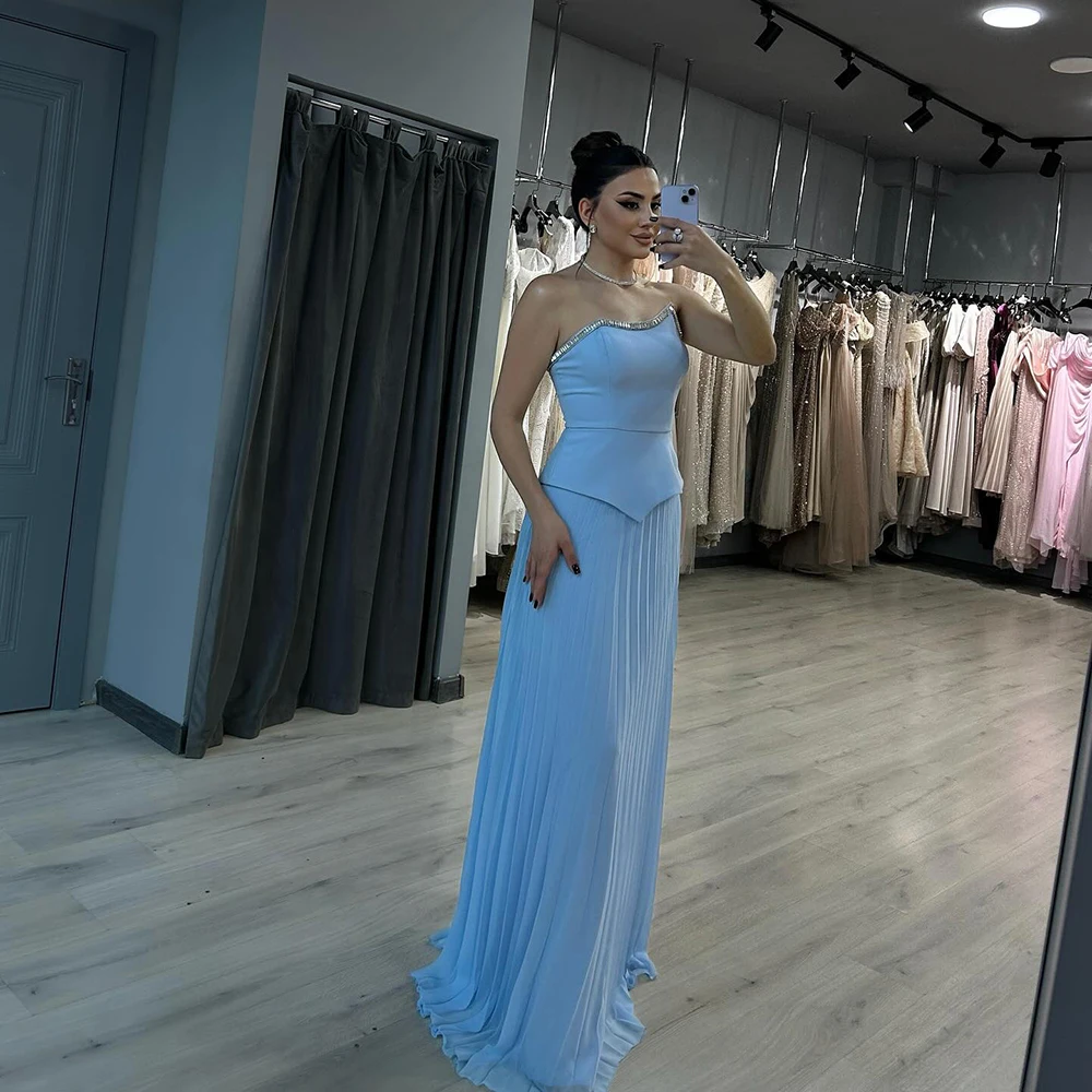 

Custom Made Stunning Strapless Tiered Pleated A-line Backless Formal Evening Gown Maxi Length Beaded Crystal Prom Dress vestidos