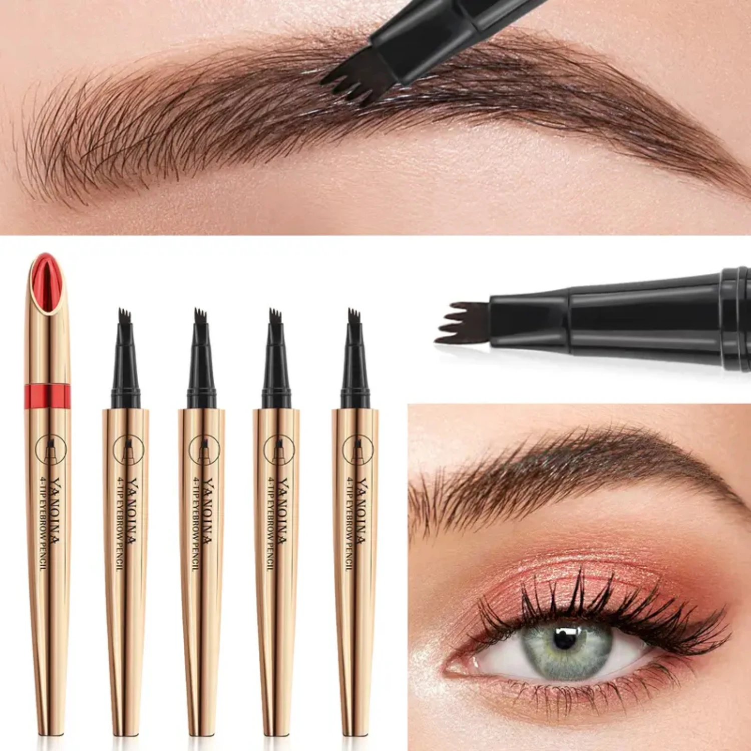 Water Resistant 4D Four Fork Liquid Eyebrow Pen - Long Lasting Waterproof Makeup Tool - 1 Piece