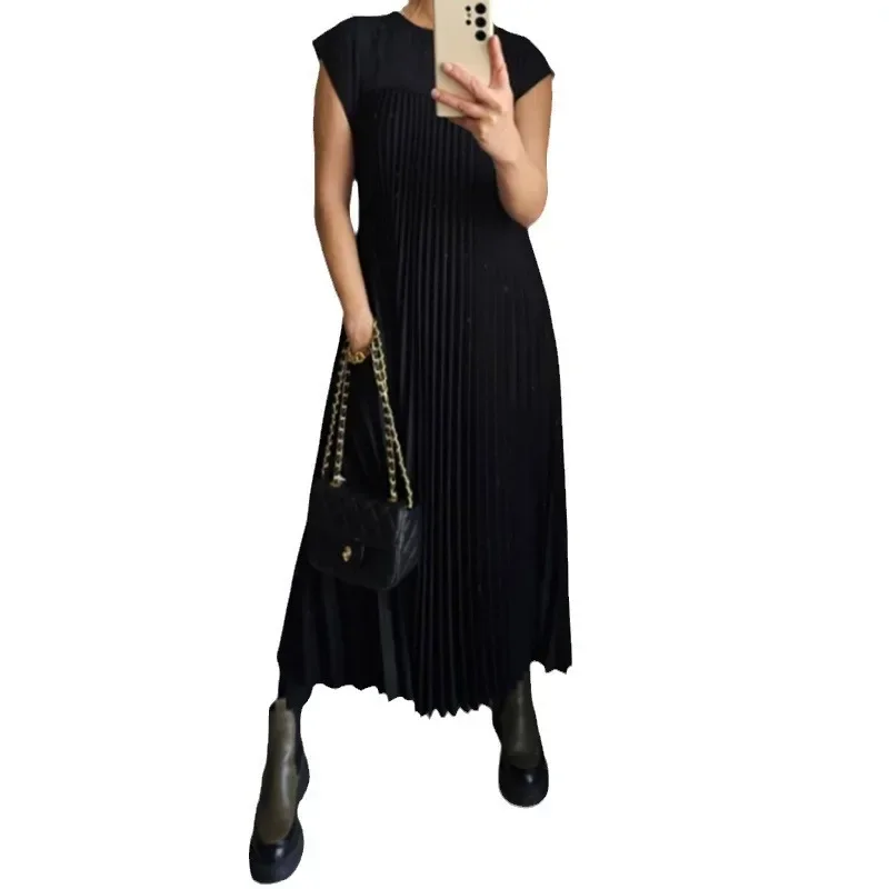 Women Round Neck Sleeveless Pleated Dress Solid Color Sexy Long Loose Maxi Dress Summer Ankle Length