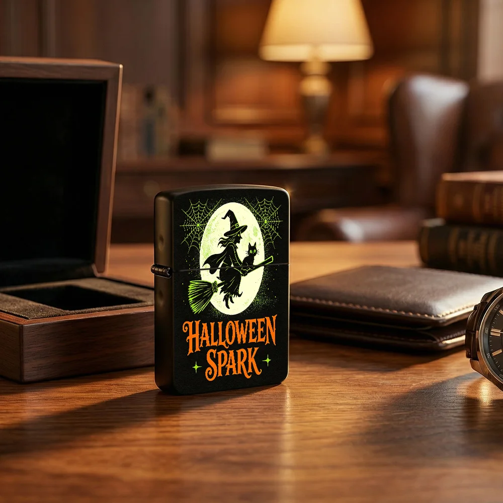 lighters vintage Flip Top Lighter, Halloween Spark Witch Black Cat Moon Spider Web Graphic Pattern lighters for smokers