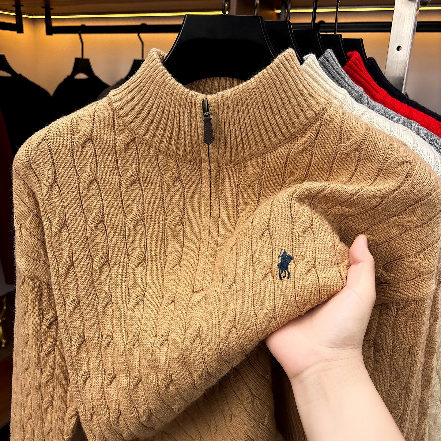 Modischer Herren-Pullover, Hochwertige Marke Paul Pony, Winter-Neuheit mit Reißverschluss, Stehkragen, Klassisch Lässiger Jacquard-Strickpullover – Detail 7
