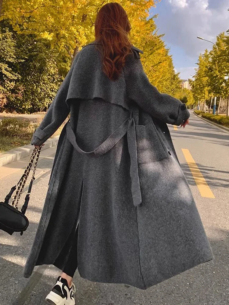 

2025 New Tide Double Breasted Loose Pocket Spliced Sweater Jacket Autumn Winter Bandage Length Cardigan Coat Women