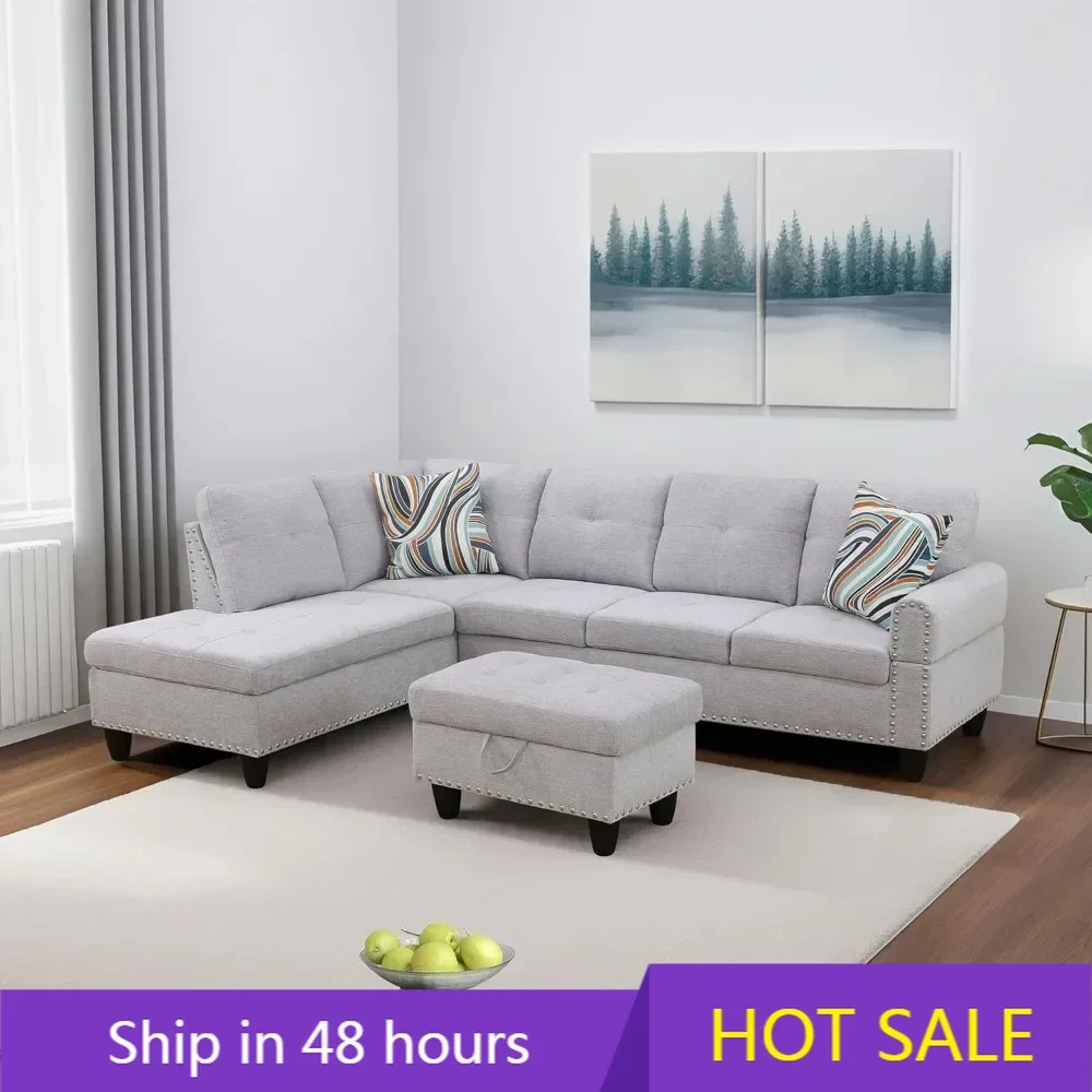 

Linen 3-Piece Sofa Living Room Sofa Set with Storage Ottoman & Decorative Copper Nails,Coffee Table，Cup-Holder,Grey