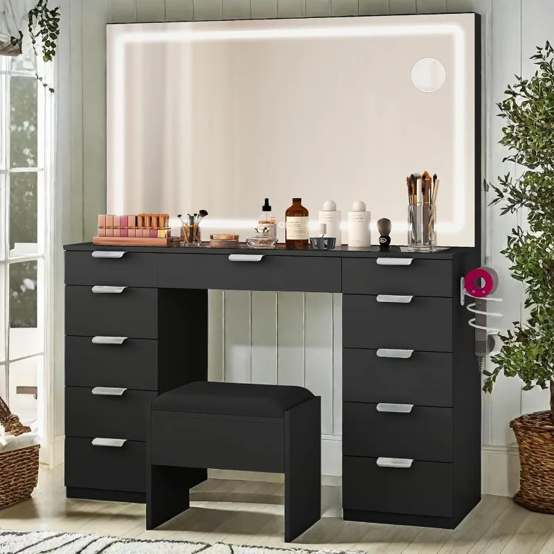 Makeup Dresser with Large LED Mirror, Charging Station, 11 Drawers, Dresser with Tempered Glass Top, Storage Workbench, 3 Color