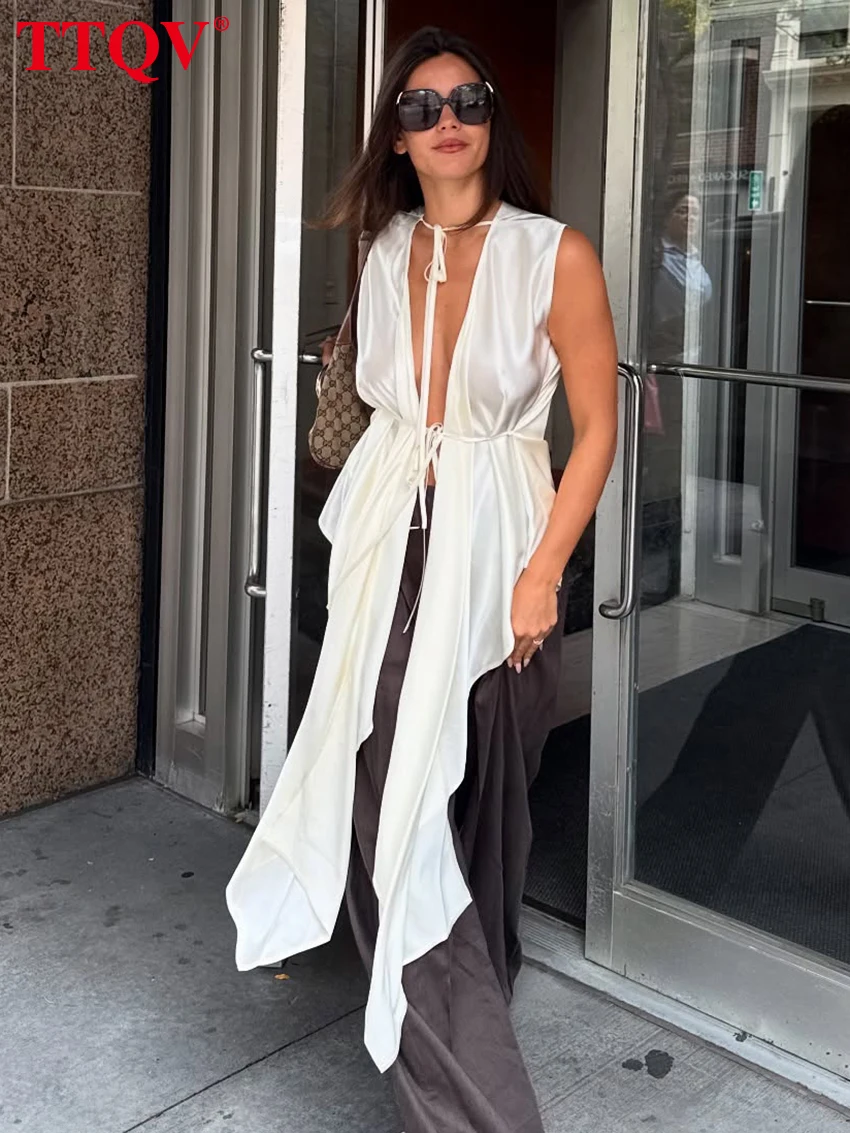 

TTQV Sexy Loose Beige Satin Women's Shirt 2026 Summer V-Neck Sleeveless Lady Shirts Elegant Classic Lace-Up Top Female Clothing