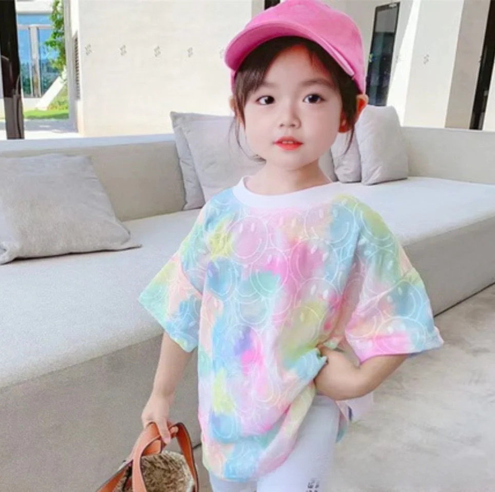 Camiseta de manga corta de verano para niñas y niños pequeños, Top teñido, ropa de moda