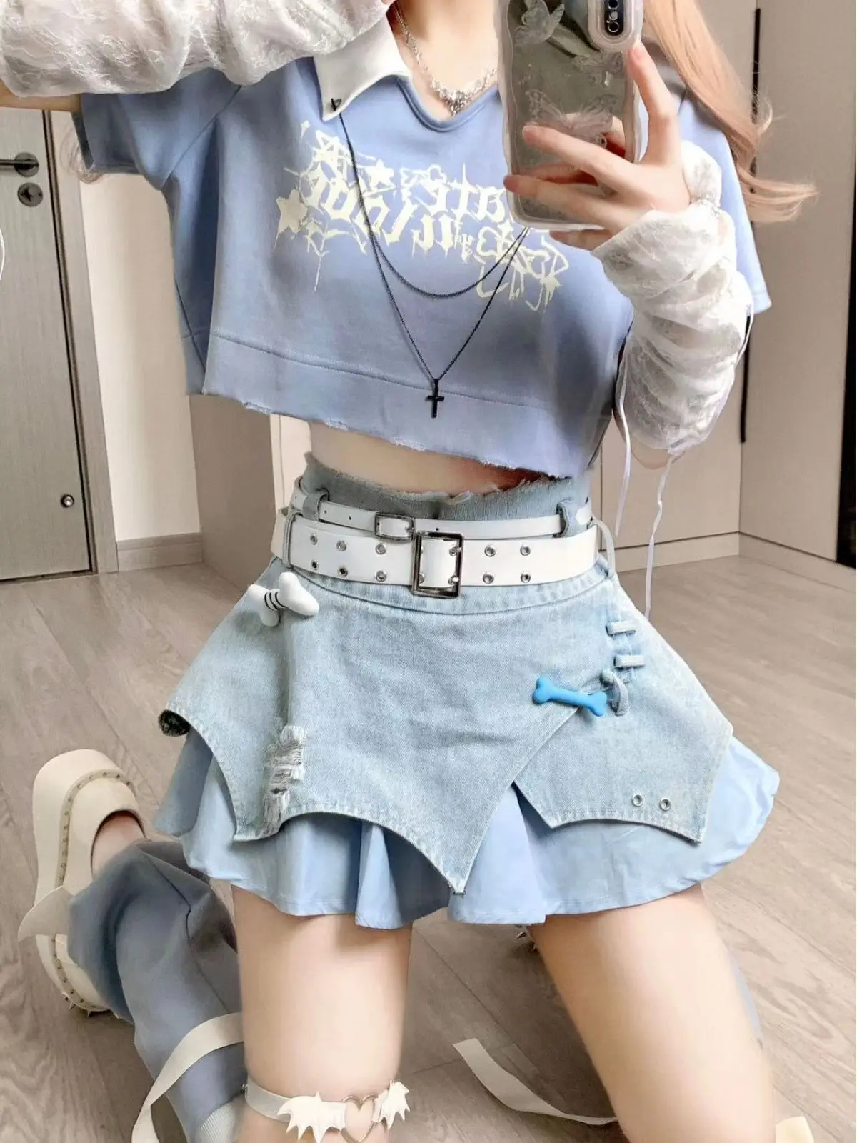 

Sweet Cool Girl Y2k Suits Turndown Collar Crop Top + High Waisted Denim Skirt + Leg Warmer Three Piece Sets Womens Outifits