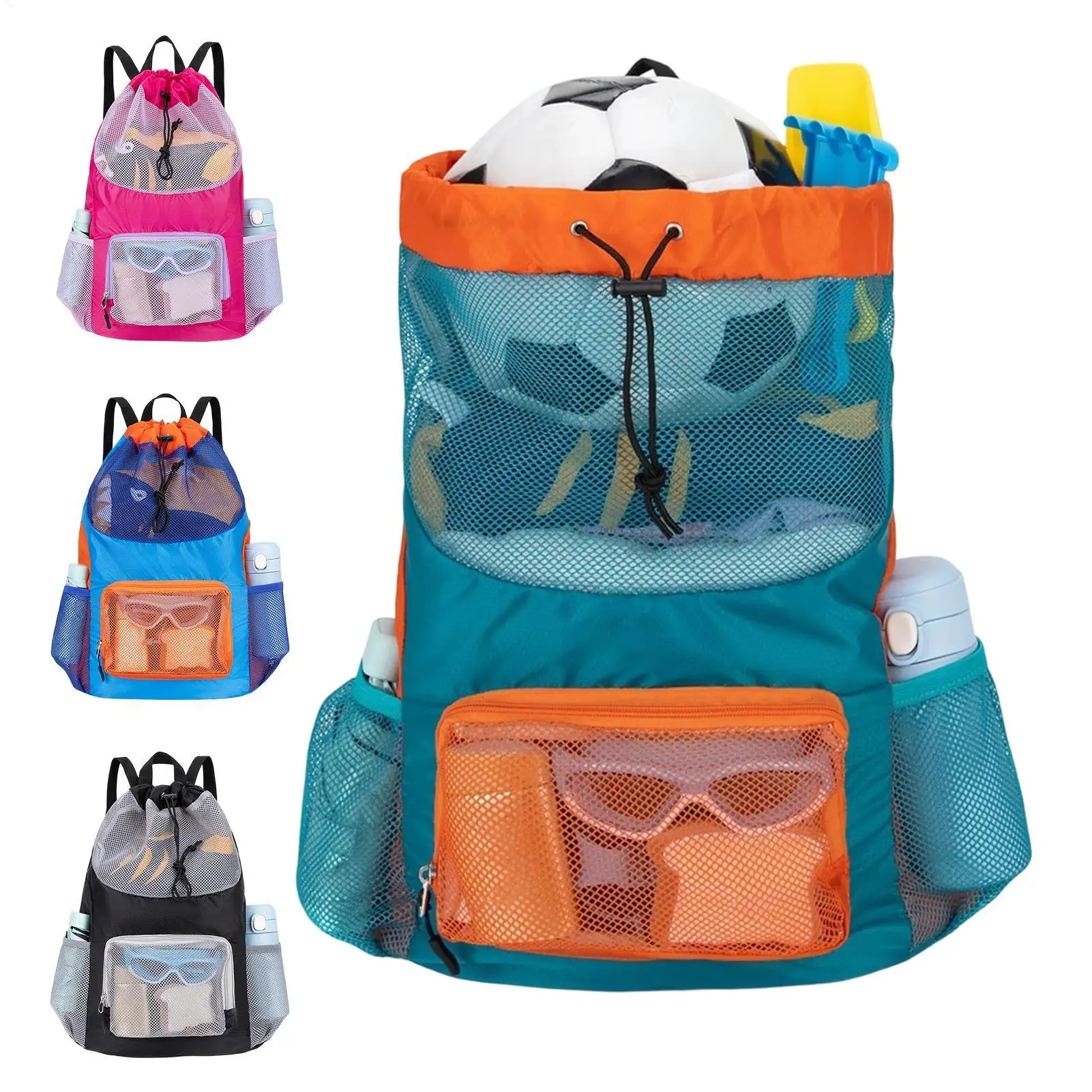 Mesh Bag For Beach Drawstring Multi-Pocket Quick Dry Large Storage Beach Backpack Mesh Swim Bag For Outdoor Travel Pool Gym